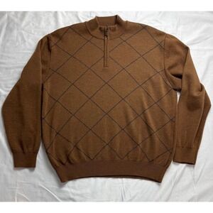 SCOTT BARBER Argyle 1/4 Zip Sweater Men's L Brown Merino Wool Made in Italy